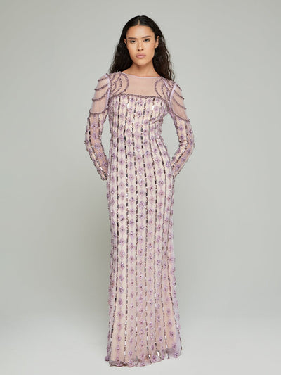 Loreen Mesh-Sleeve Beaded Gown