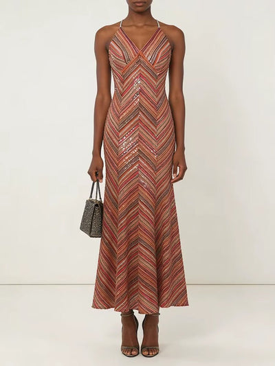 Lucia Chevron Halter Maxi Dress