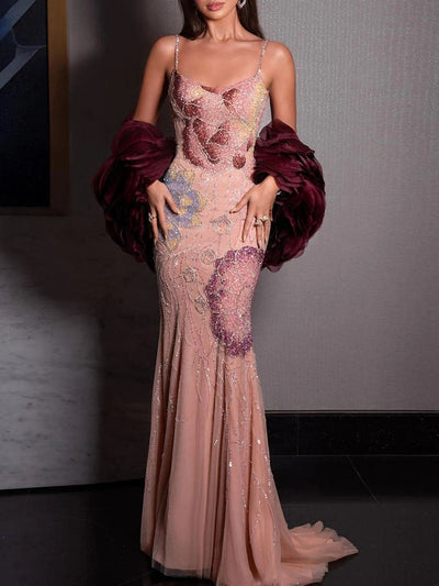 Lucia Floral Beaded Mermaid Evening Dress