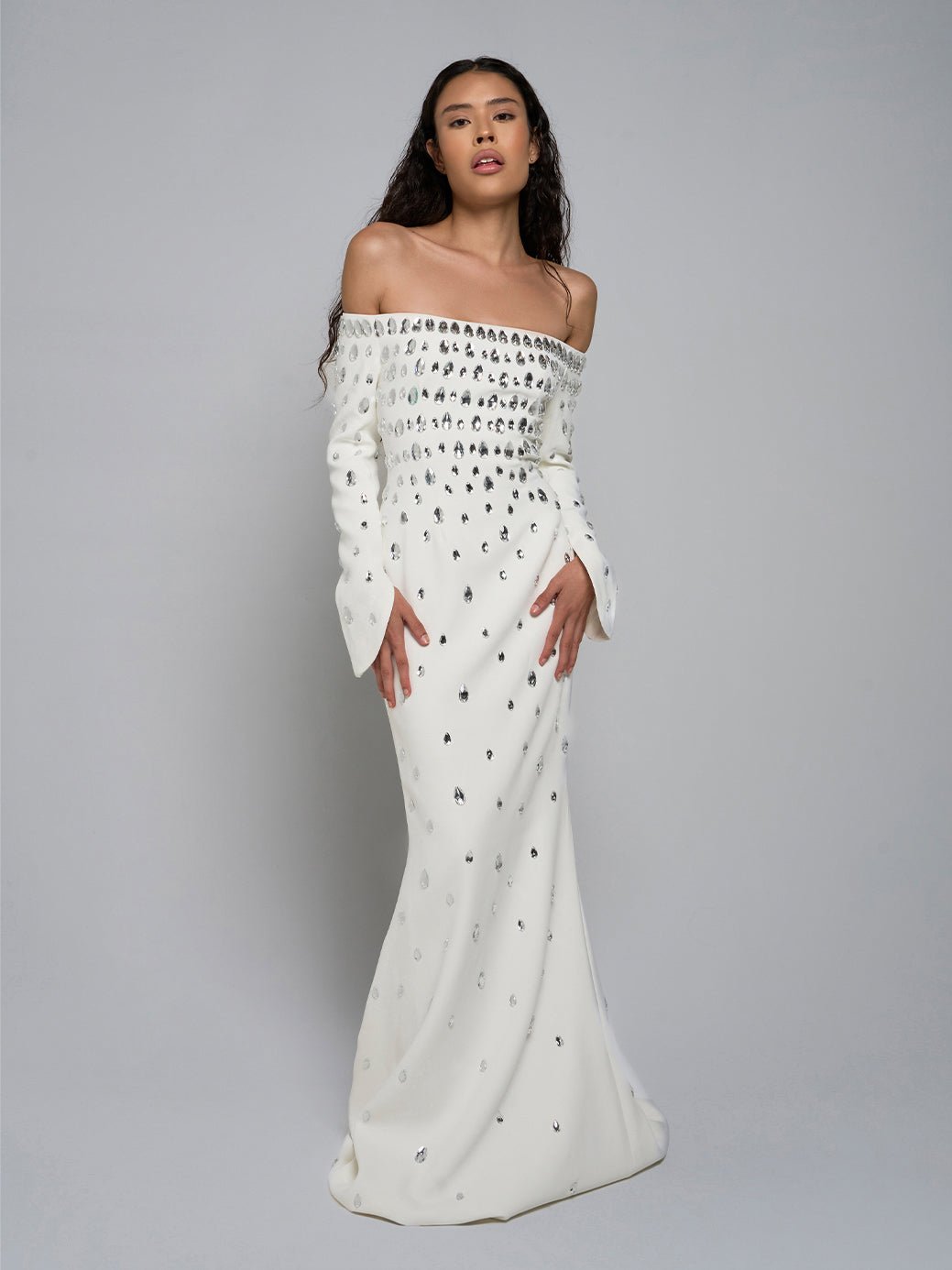 marcella maxi dress Off-Shoulder Embellished Dress, White / M 36.2/92 cm Waist Color:Blues Blue Tulle A-line Floral Floor-Length Dress