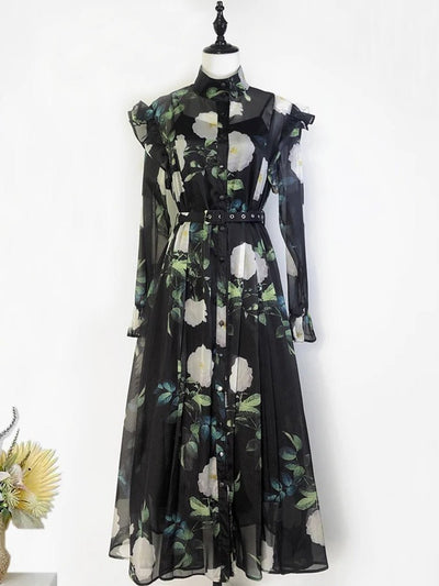 Mia Chiffon Flower Belt Midi Dress