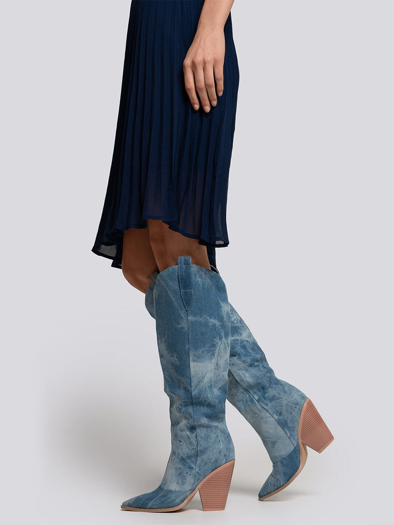 Mia Chunky Heeled Denim Western Boots - Glory Connection