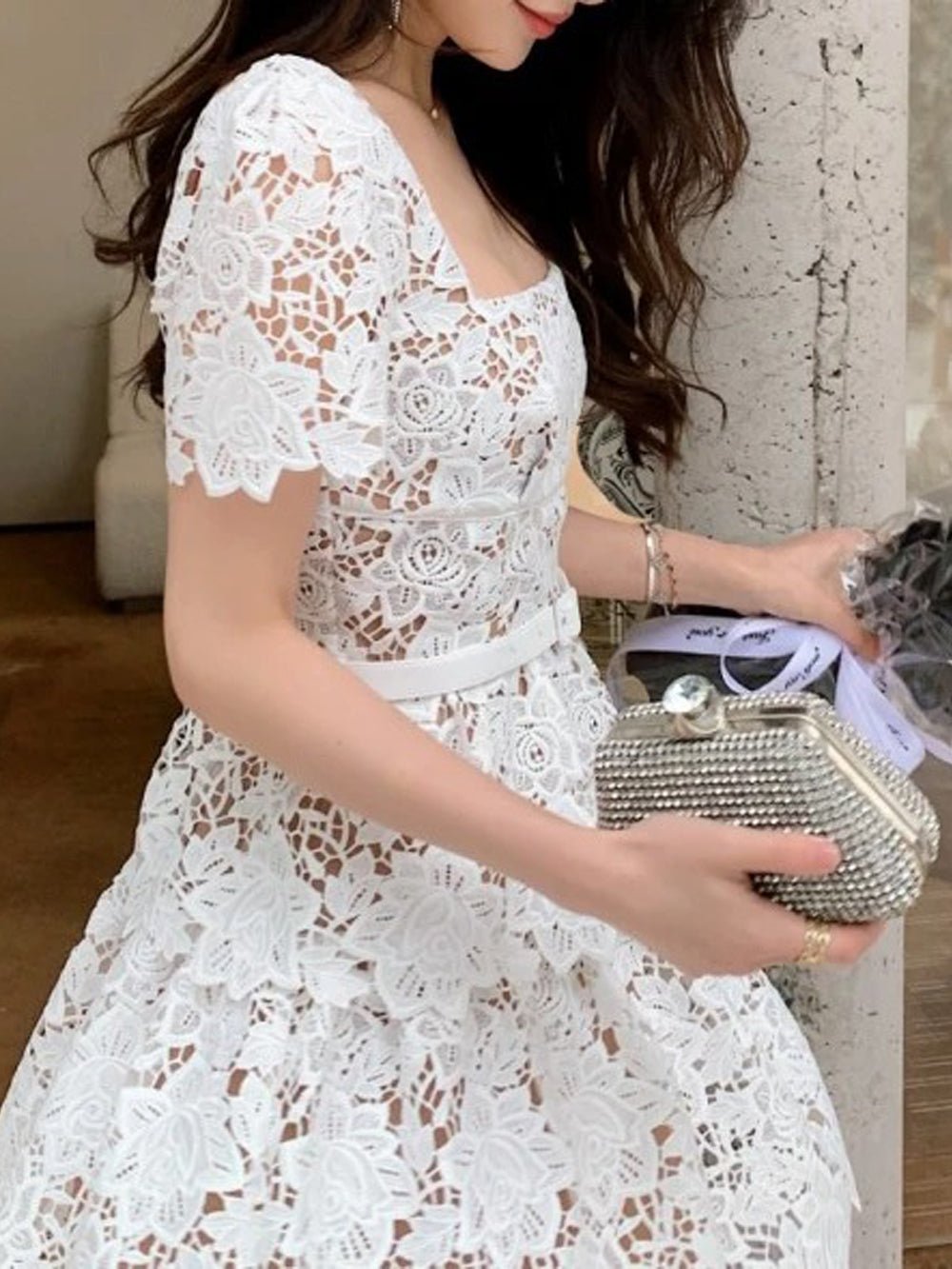 molly lace dress CMMOLLY DRESS WITH LACE DETAILS IN YELLOW