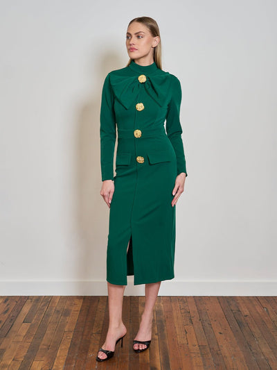 Morgana Bow Buttoned Slit Midi Dress