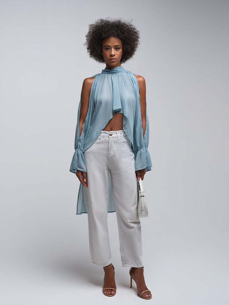Naya Cold Shoulder Slit Sleeves Satin Top - Glory Connection