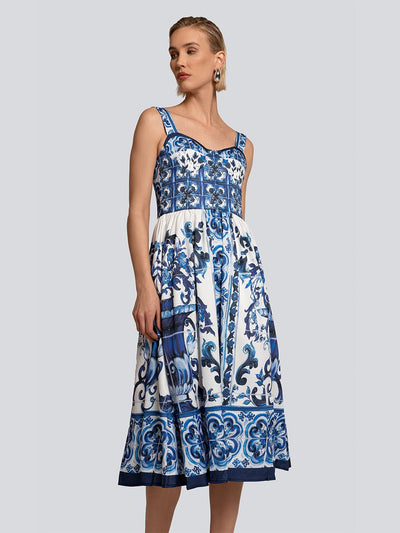 Nina Sleeveless Porcelain Print Midi Dress