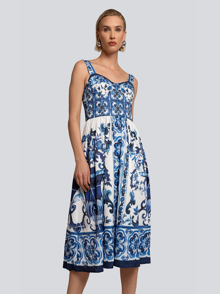 Nina Sleeveless Porcelain Print Midi Dress - Glory Connection