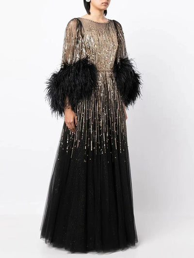 Noire Feathered Beaded Evening Gown