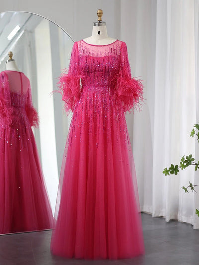 Noire Feathered Beaded Evening Gown