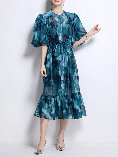 Nora Puff Sleeve Ruffle Midi Dress
