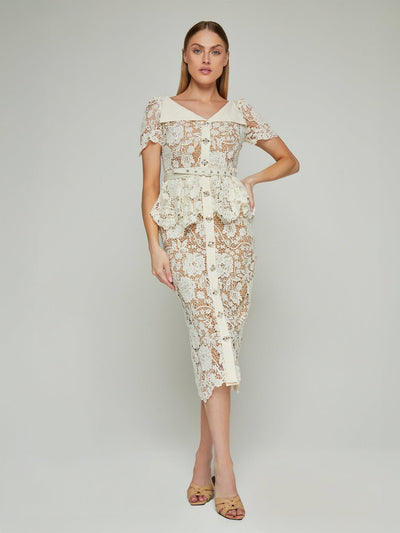 Ophelia Peplum Lace Midi Dress