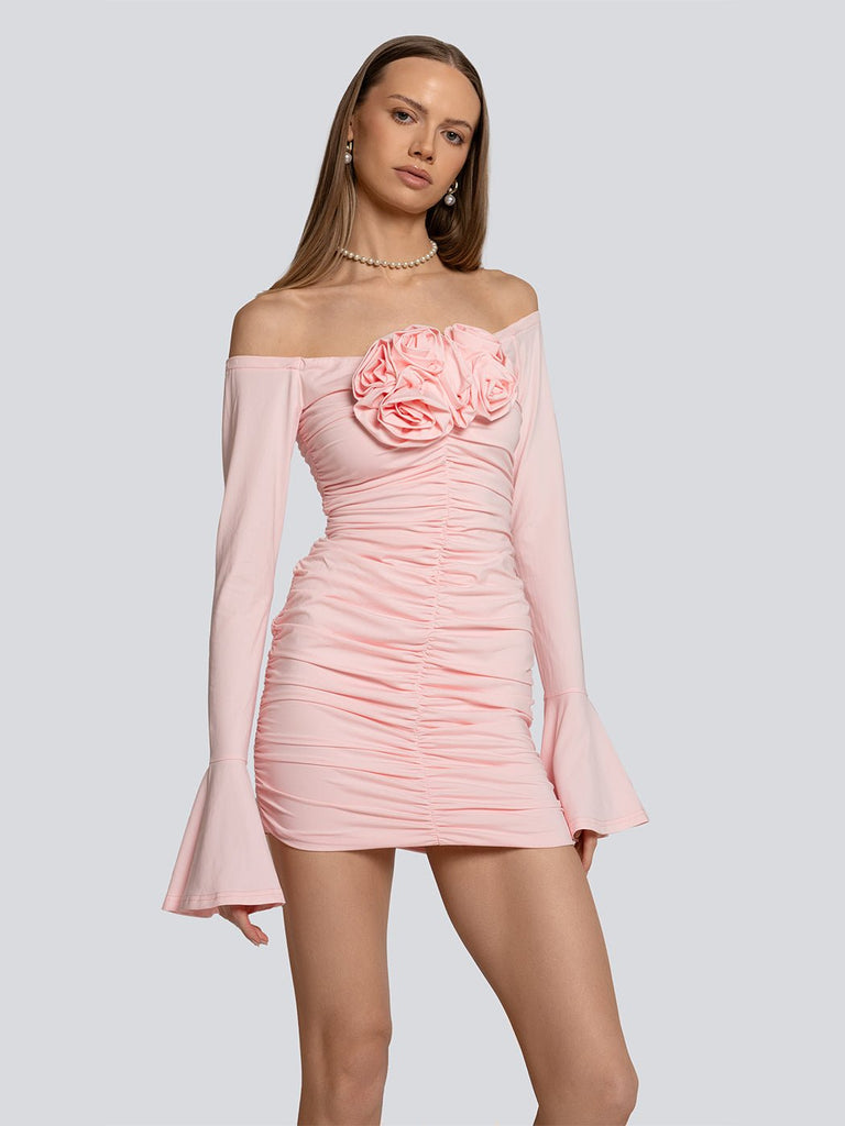 Ophelia Rose Applique Long Sleeve Ruched Mini Dress - Glory Connection