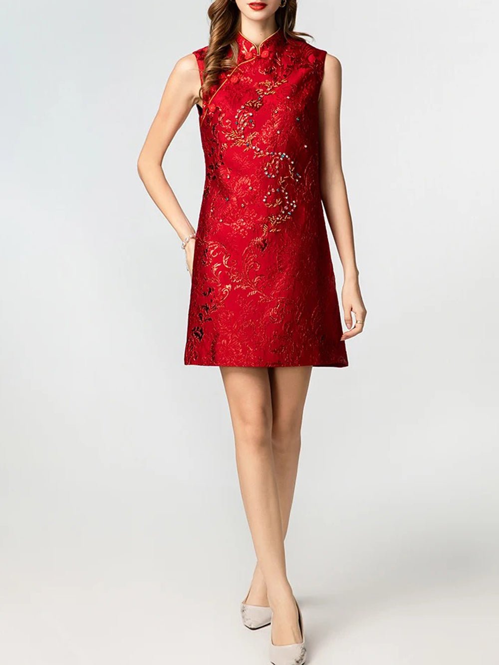 Paisley Short Sleeve Mini Dress, Red / M
