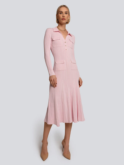 Priscilla Pocketed Button Up Long Sleeve Midi Dress