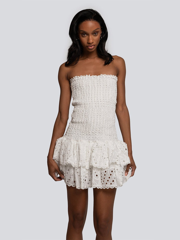 Rhiannon Eyelet Lace Ruffle Strapless Mini Dress - Glory Connection