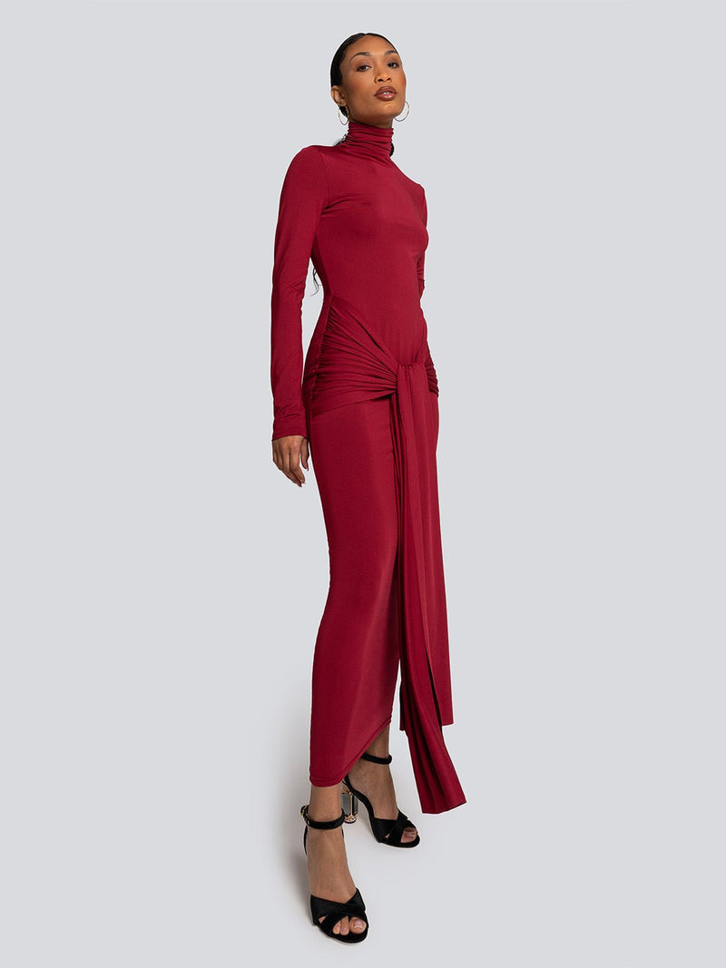red turtleneck long sleeve dress Norma Kamali Women's Side-Drape Turtleneck Gown - Tiger Red