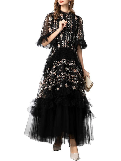 Rose Embroidery Mesh Maxi Dress