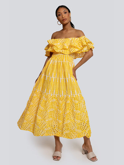 Sally Eyelet Off-Shoulder Tiered Ruffle Maxi Dress