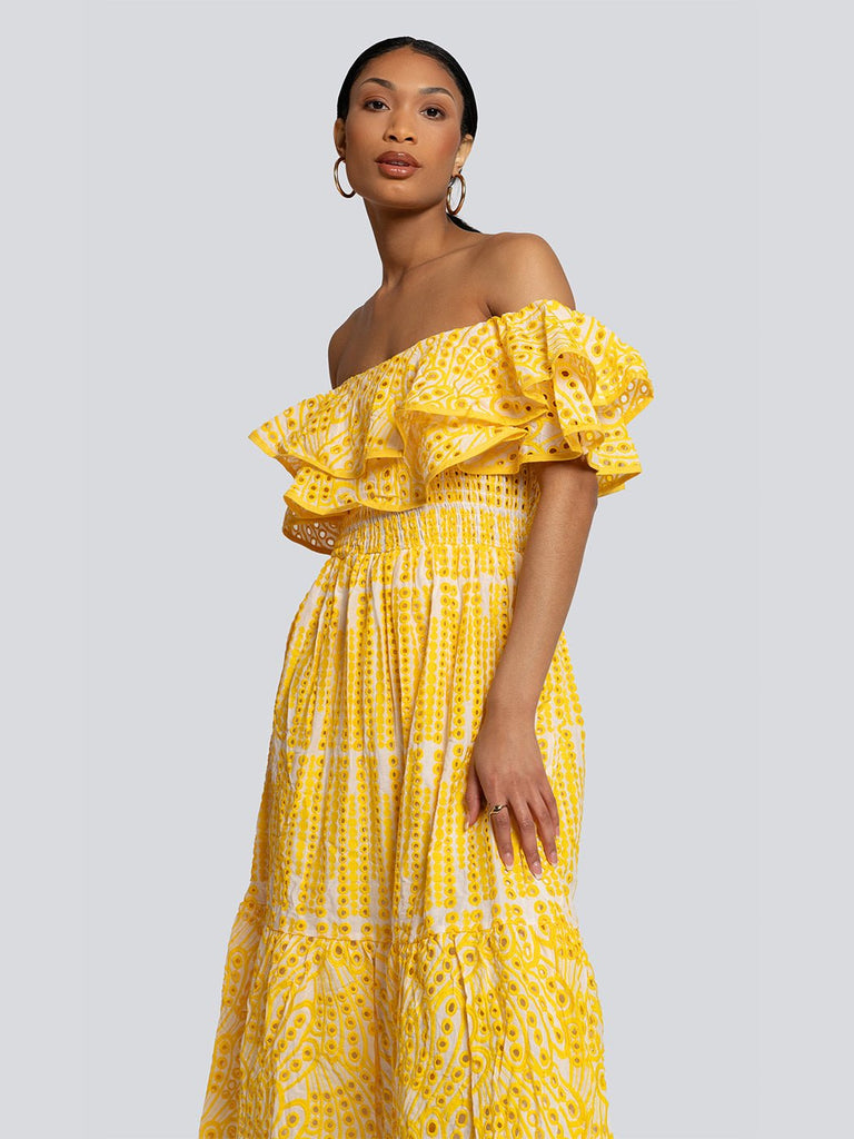 Sally Eyelet Off Shoulder Tiered Ruffle Maxi Dress - Glory Connection