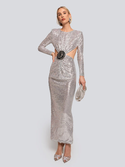 Savannah Sequin Cut Out Floral Accent Maxi Dress