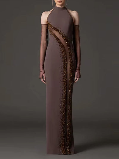 Serena Beaded Halter Mesh Sleeve Gown