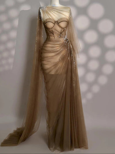 Serena Crystal Ruched Mesh Gown