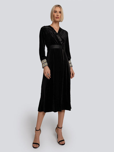 Sienna Embellished Cuff Velvet Wrap Midi Dress