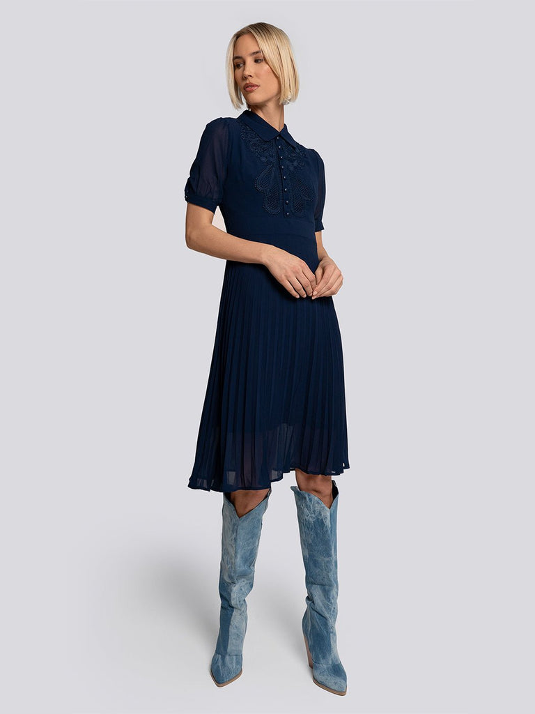 Sophia Pleated Lace Applique Midi Dress - Glory Connection