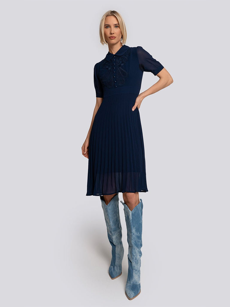 Sophia Pleated Lace Applique Midi Dress - Glory Connection