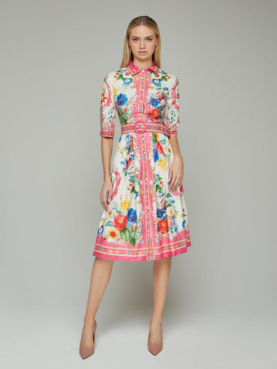 Stacey Half-Sleeve Floral Belted Midi Dress