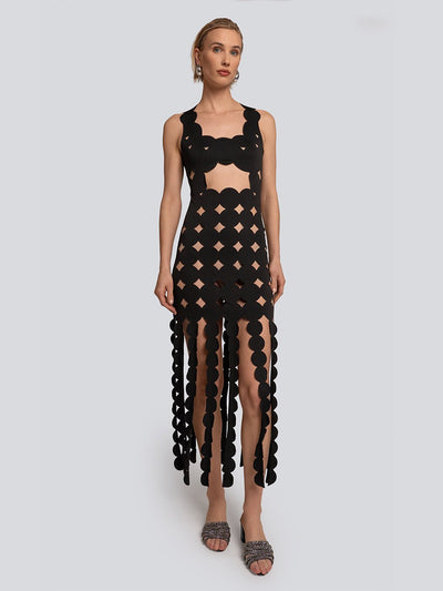 Summer Geometric Open Cut Fringe Hem Out Midi Dress