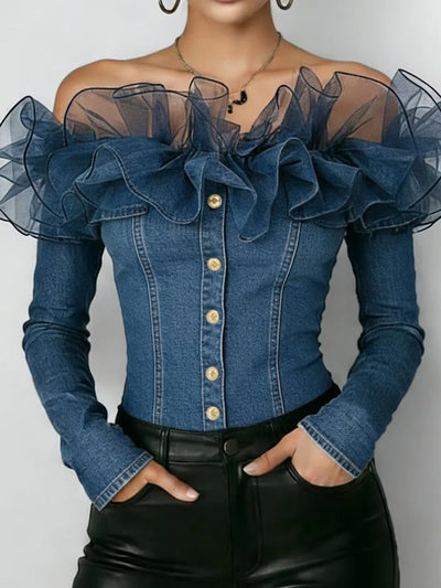 Talia Tulle Ruffle Denim Blouse