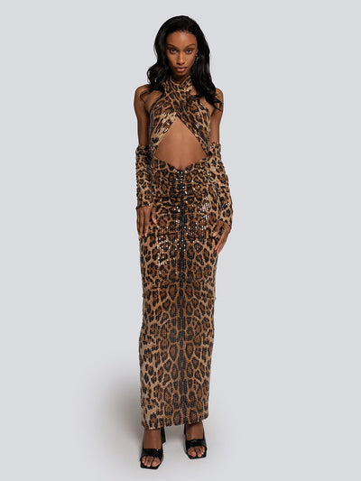 Tessa Leopard Sequin Wrap Dress With Gloves