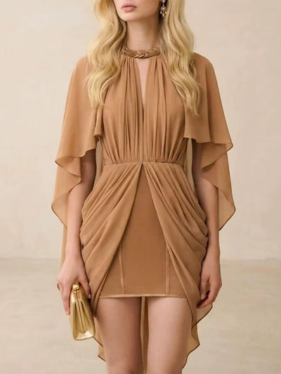 Valentina Draped Cape Mini Dress In Golden Camel