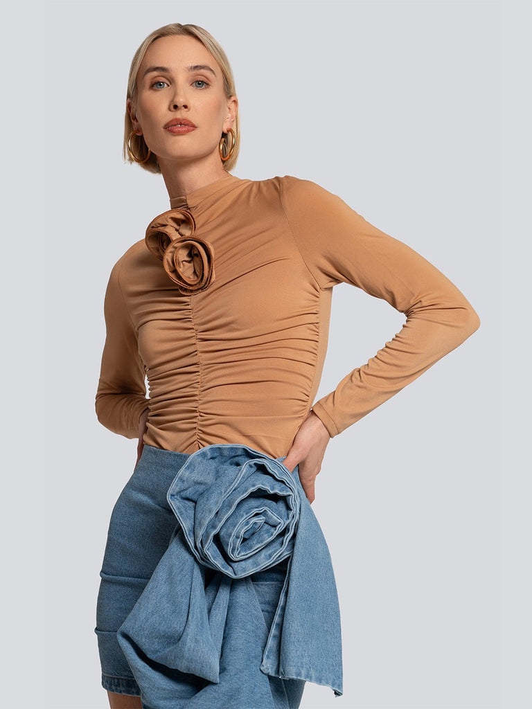 Valentina Ribbed Long Sleeve Flower Applique - Glory Connection