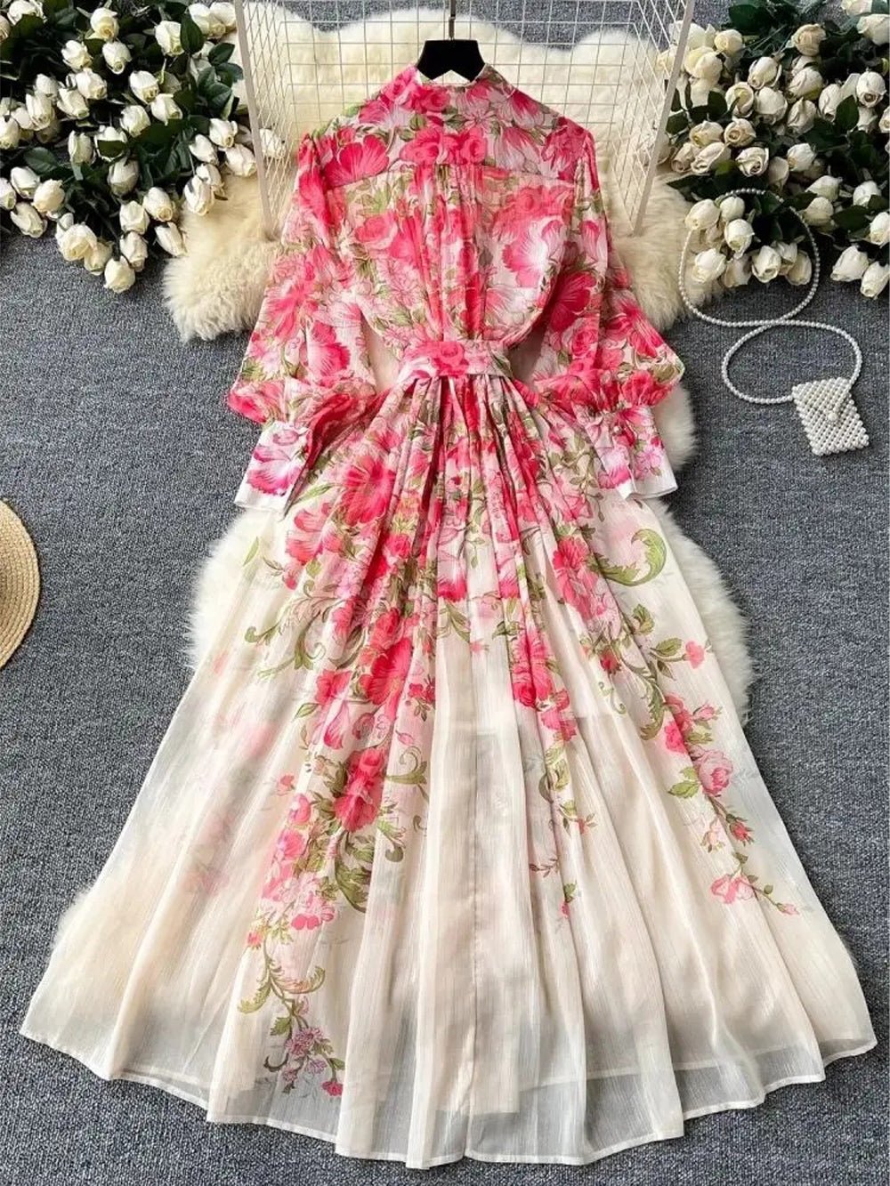 chiffon dress beautiful ZYHT 45214 Wholesale 2026 Korean Chic White Puff Sleeve Floral Embroidered Midi Dress Natural Waist Woven A-Line Chiffon Dress