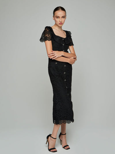 Wednesday Square Neck Lace Sleeves Midi Dress