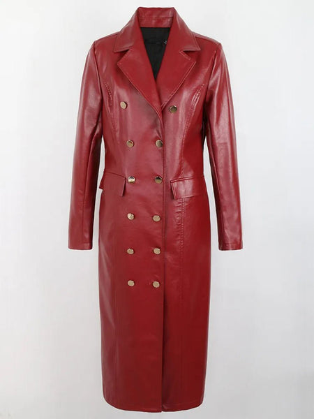 Chase Faux Leather Trench Coat In Red - Glory Connection