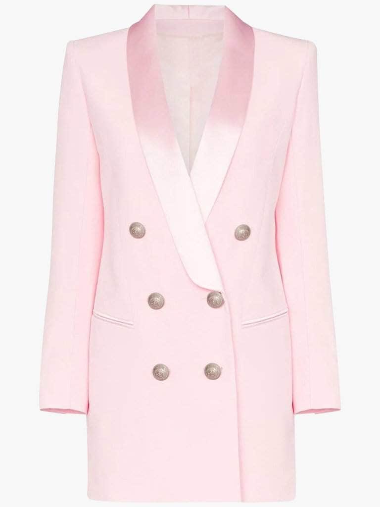 pink double breasted dress Womens Double-breasted Blazer Dress With Pink Trim