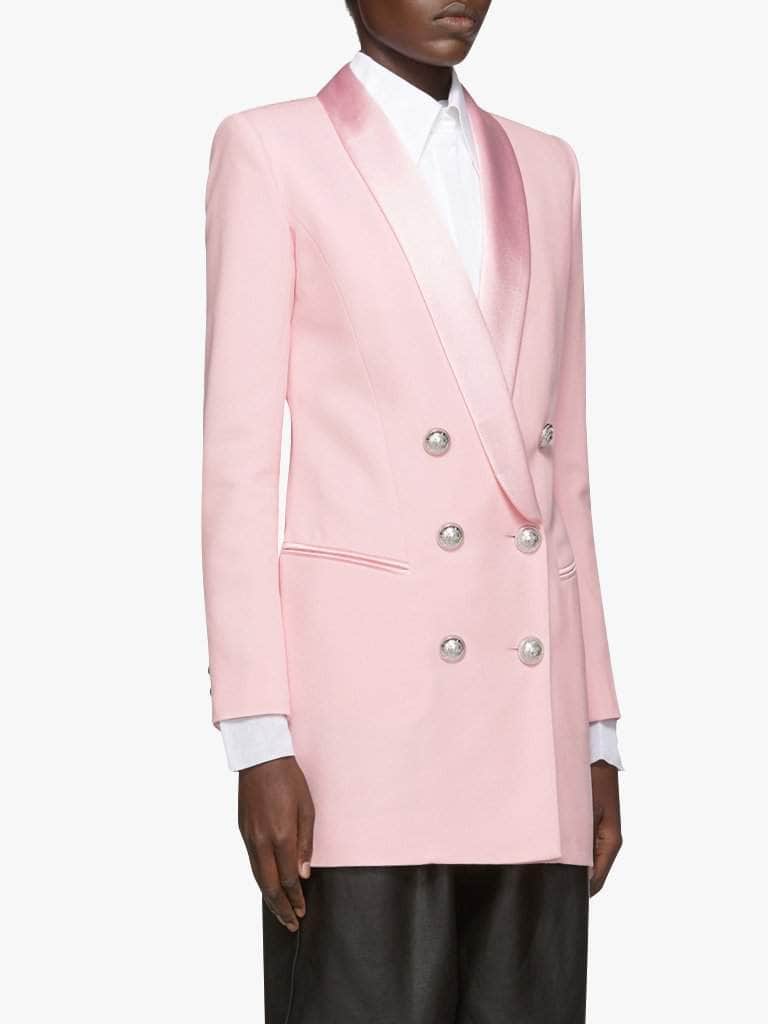 pink double breasted dress Womens Double-breasted Blazer Dress With Pink Trim