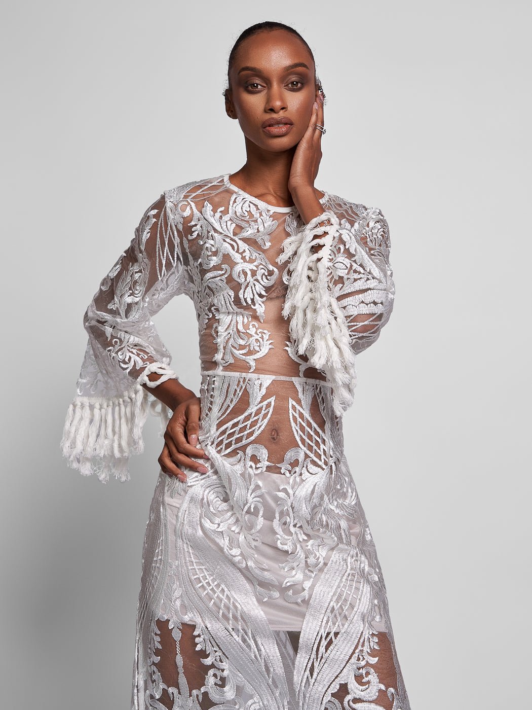 Elektra Boho Lace Midi Dress, White / M