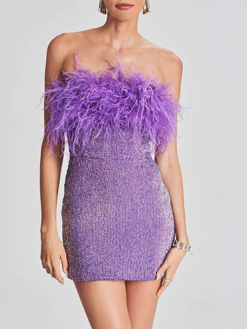 bodycon feather dress This tight short homecoming dress features hater neckline and sequins.   FancyVestido