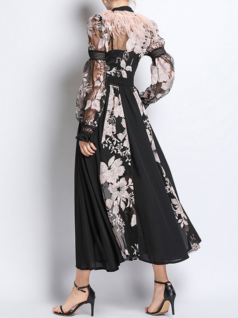 Hannah Feathers Embroidery Chiffon Maxi Dress | Glory Connection