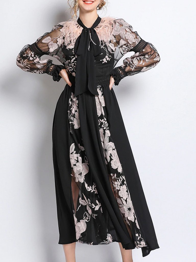 Hannah Feathers Embroidery Chiffon Maxi Dress | Glory Connection