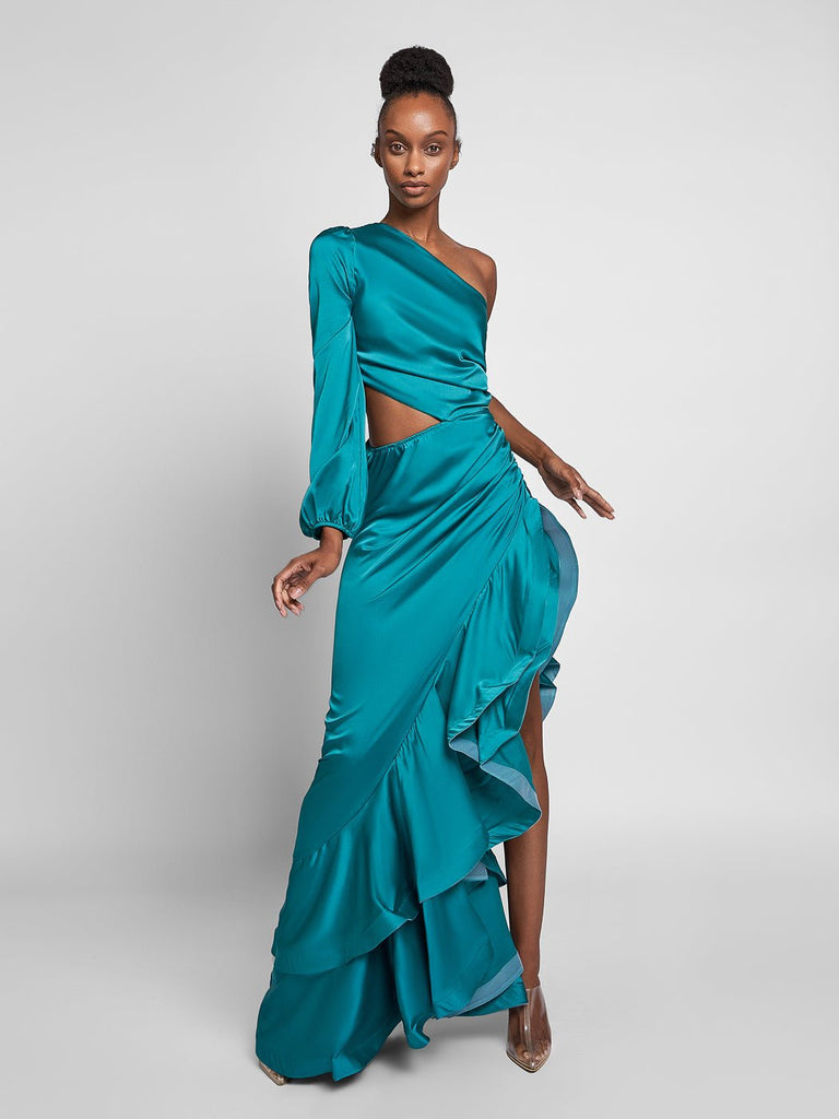Mellie Cut-Out Ruffled Maxi Dress In Turquoise - Glory Connection