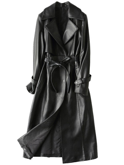 Percy Leather Trench Belt Coat in Black